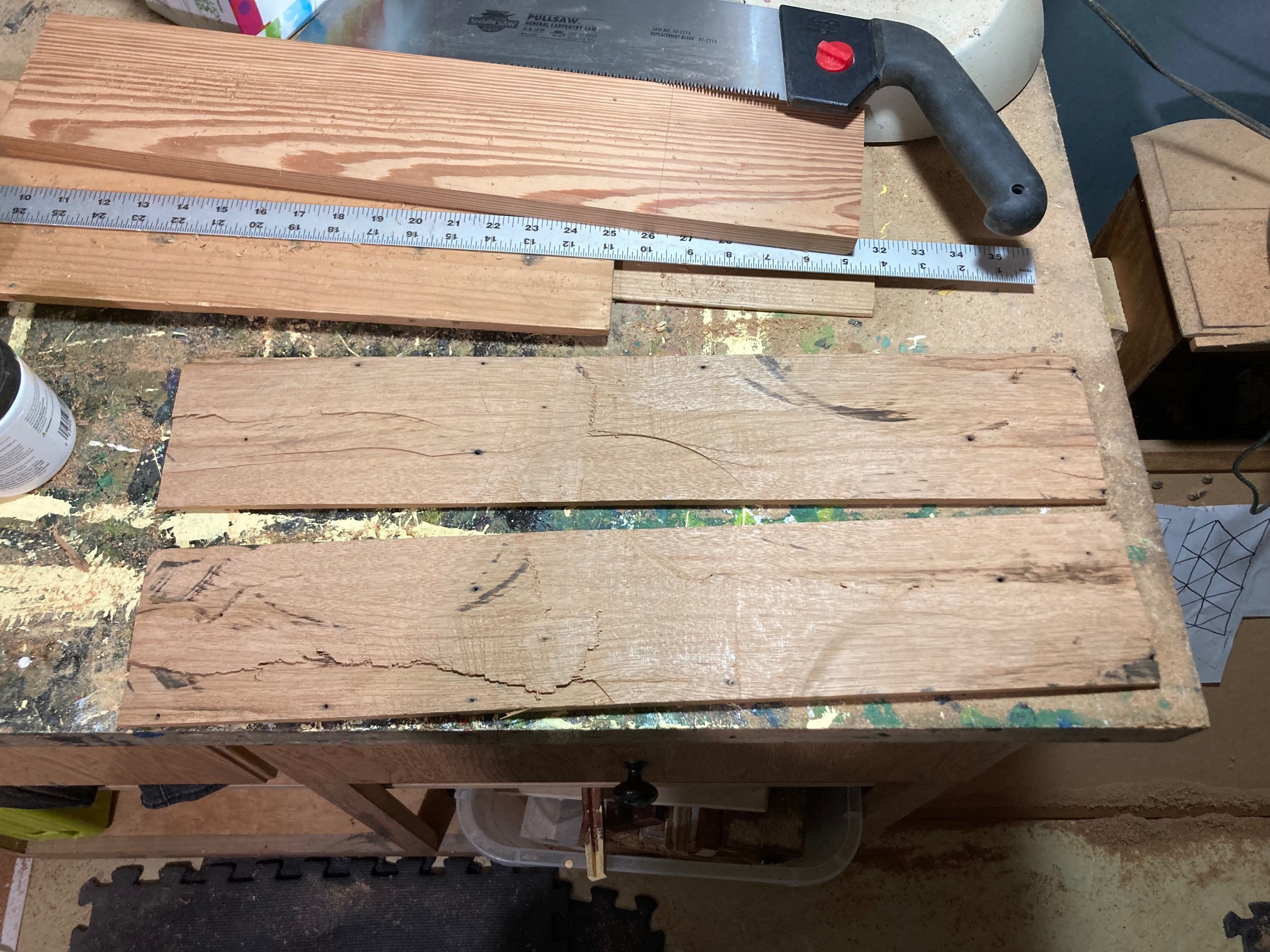 Rough cut boards on workbench