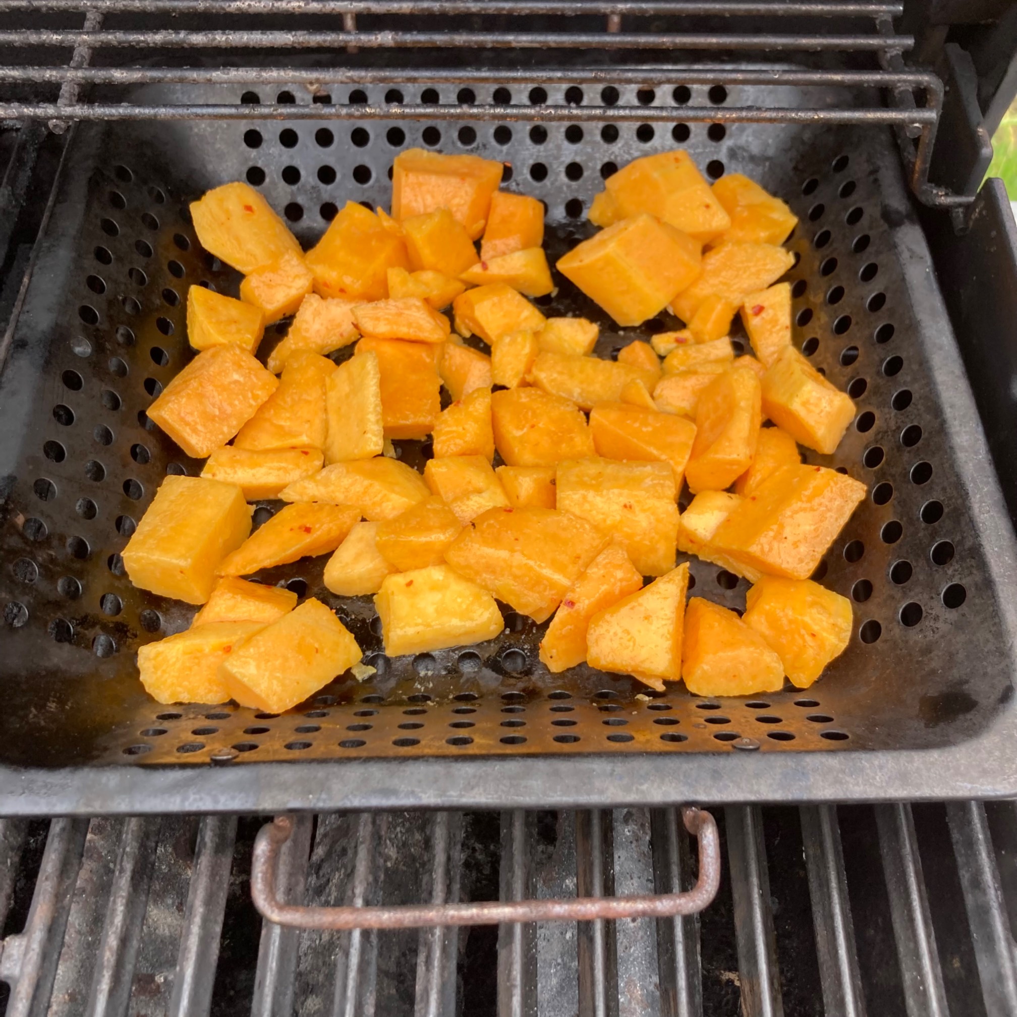 Raw squash chunks on grill