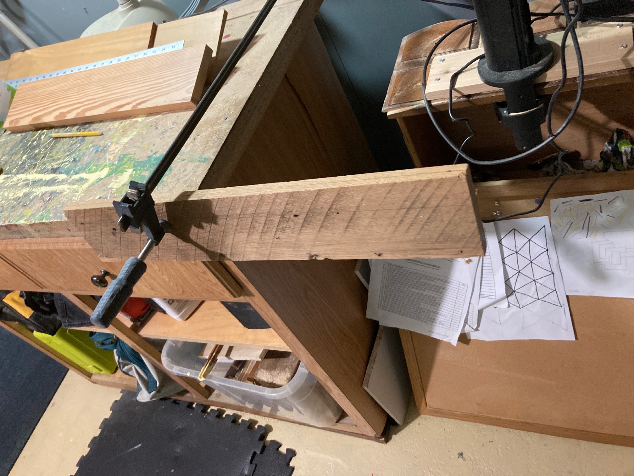 Board clamped to workbench