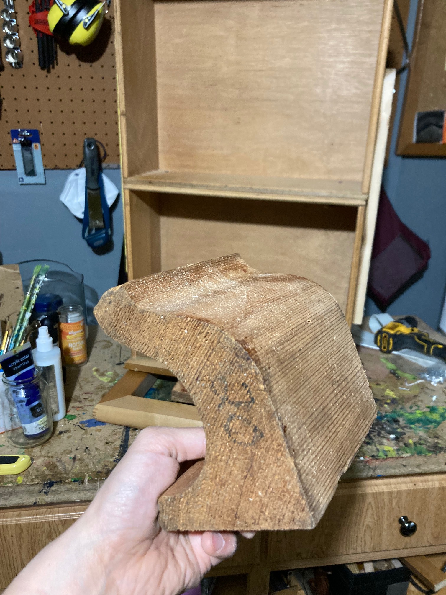 Curved chunks of wood and a makeshift piece of furniture