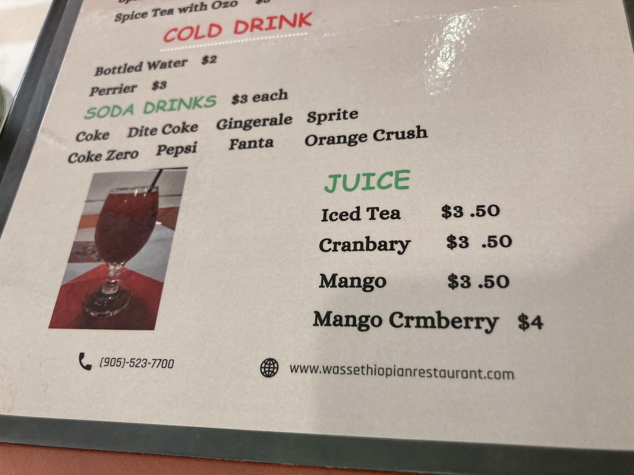Menu with Cranbary and Mango Crmberry drinks