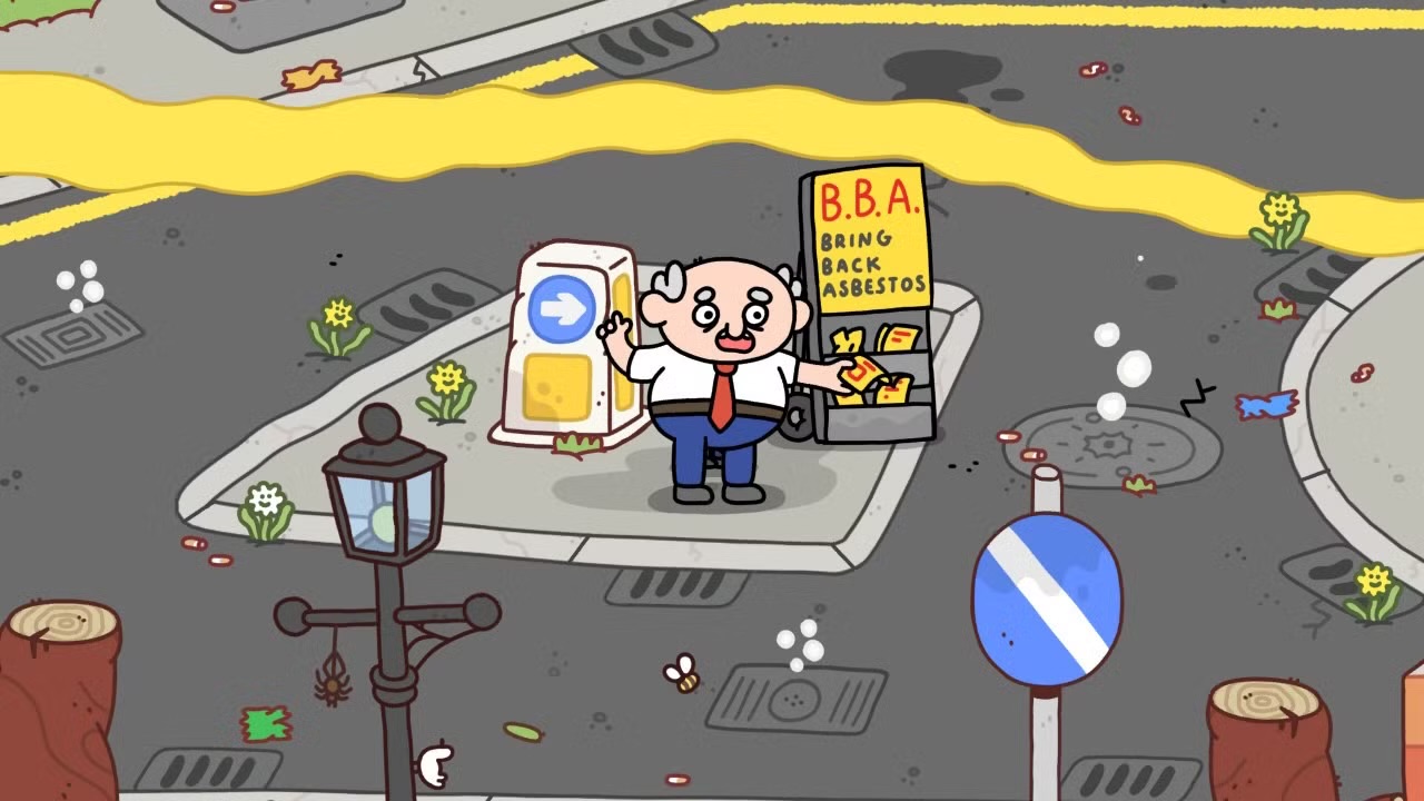 Cartoon man with Bring Back Asbestos pamphlets