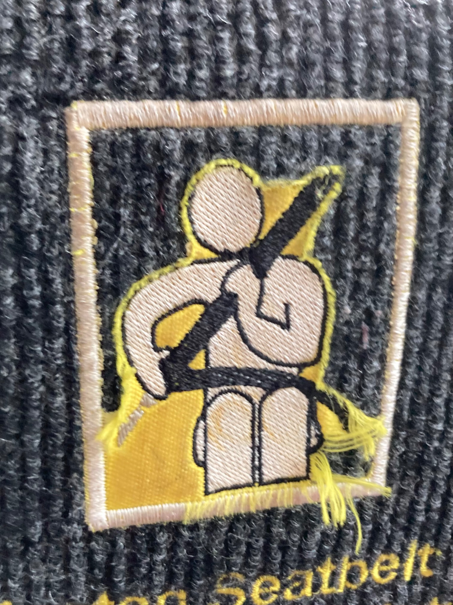 Fasten seatbelt diagram embroidered into back of bus seat