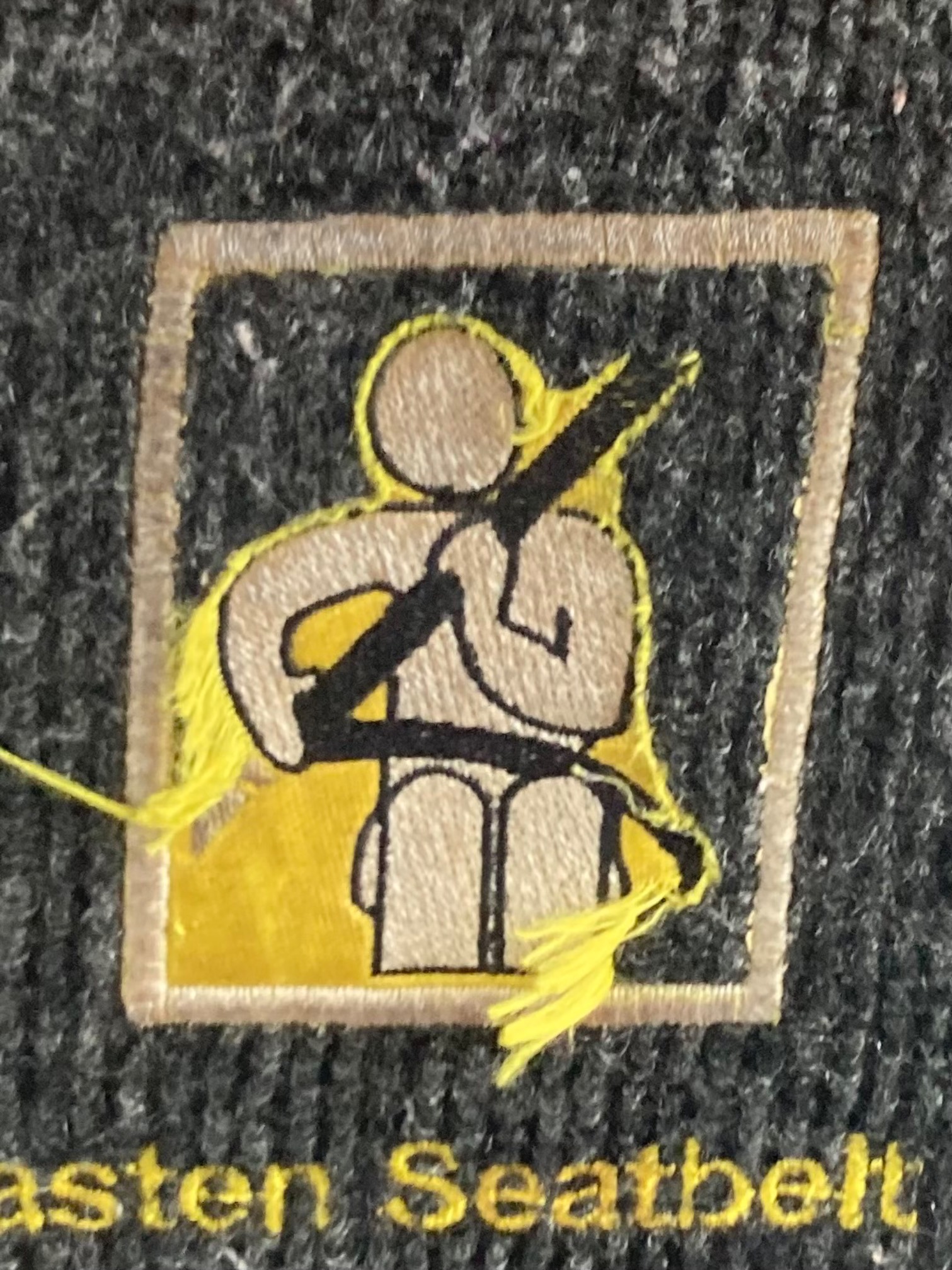 Fasten seatbelt diagram embroidered into back of bus seat