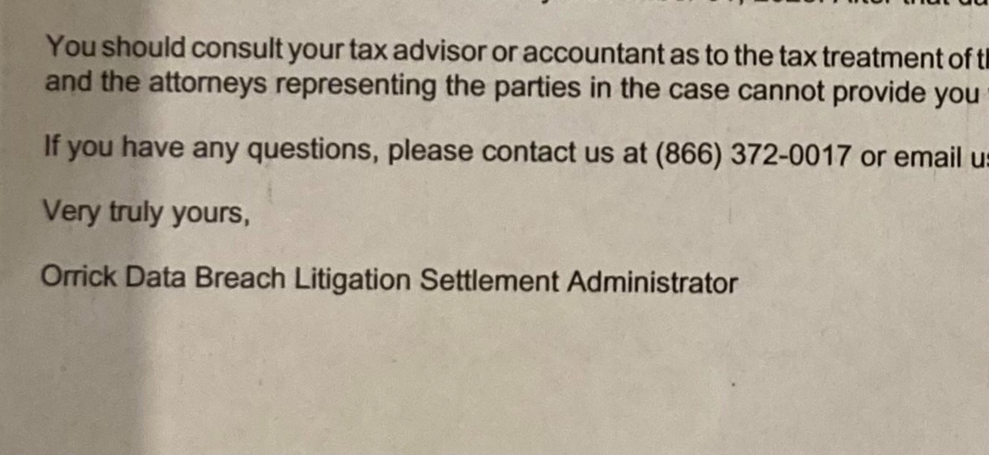 Letter signed “Very Truly Yours, Orrick Data Breach Litigation Settlement Administrator”