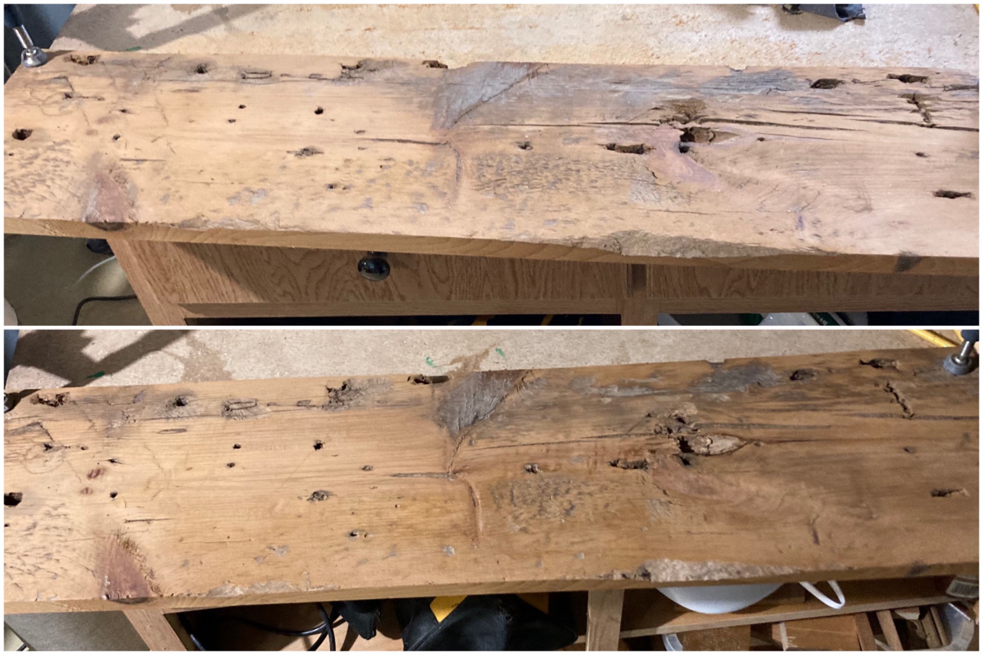 After a bunch (half an hour?) of bench planing, this board with a horrible surface is…almost exactly