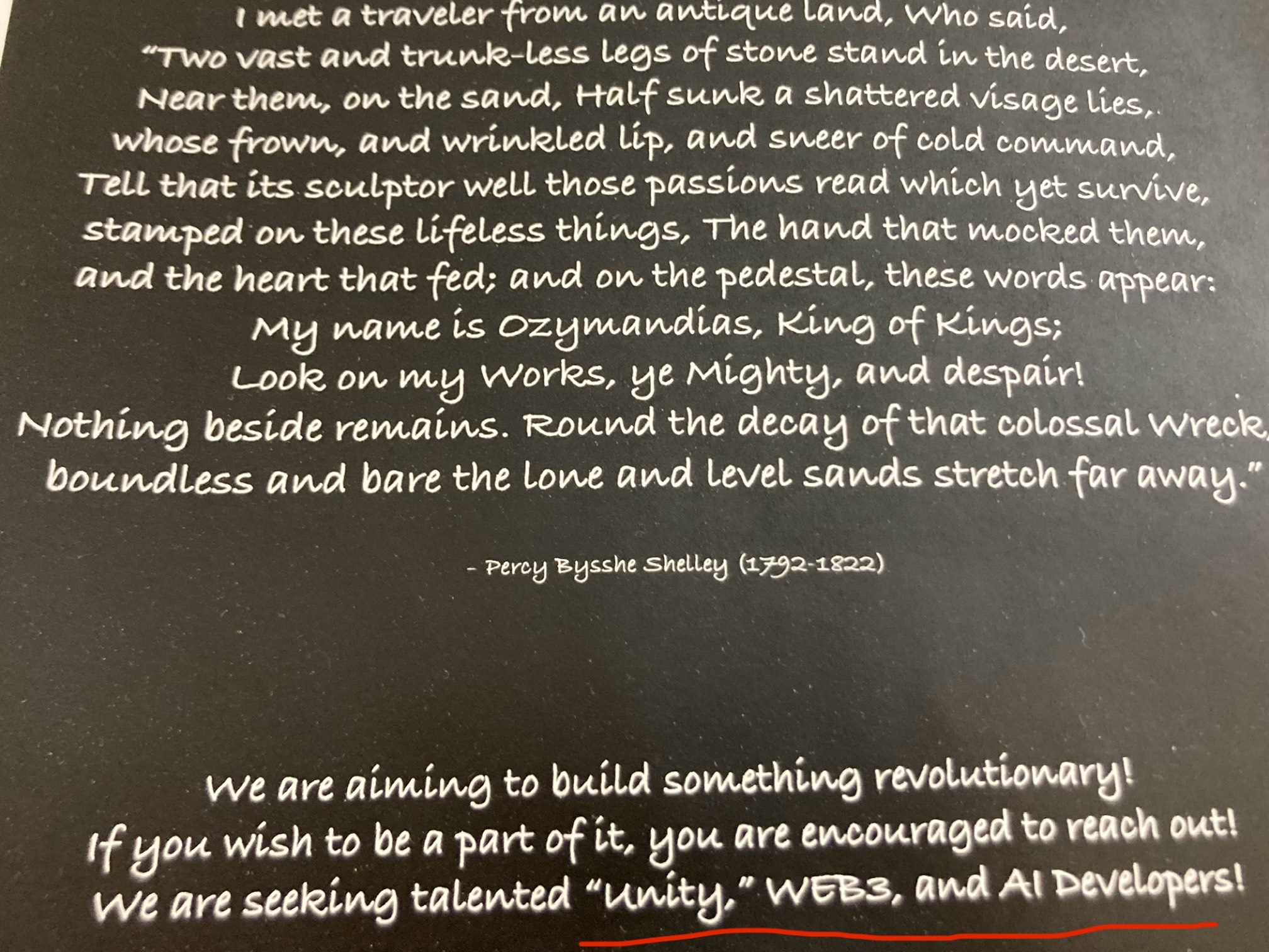 Startup ad that asks for Unity, Web3, and AI developers 