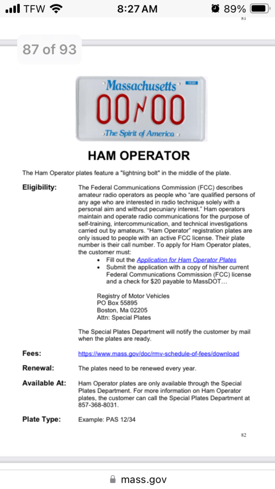 Screenshot of ham radio section of Massachusetts license plate doc