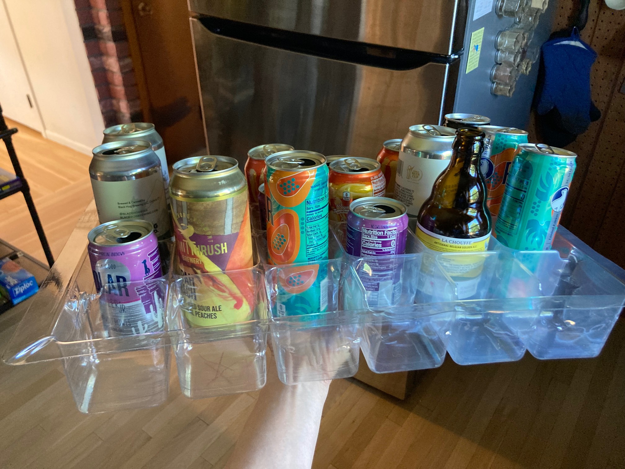 Cans in a plastic object consisting of a grid of rectangular pockets