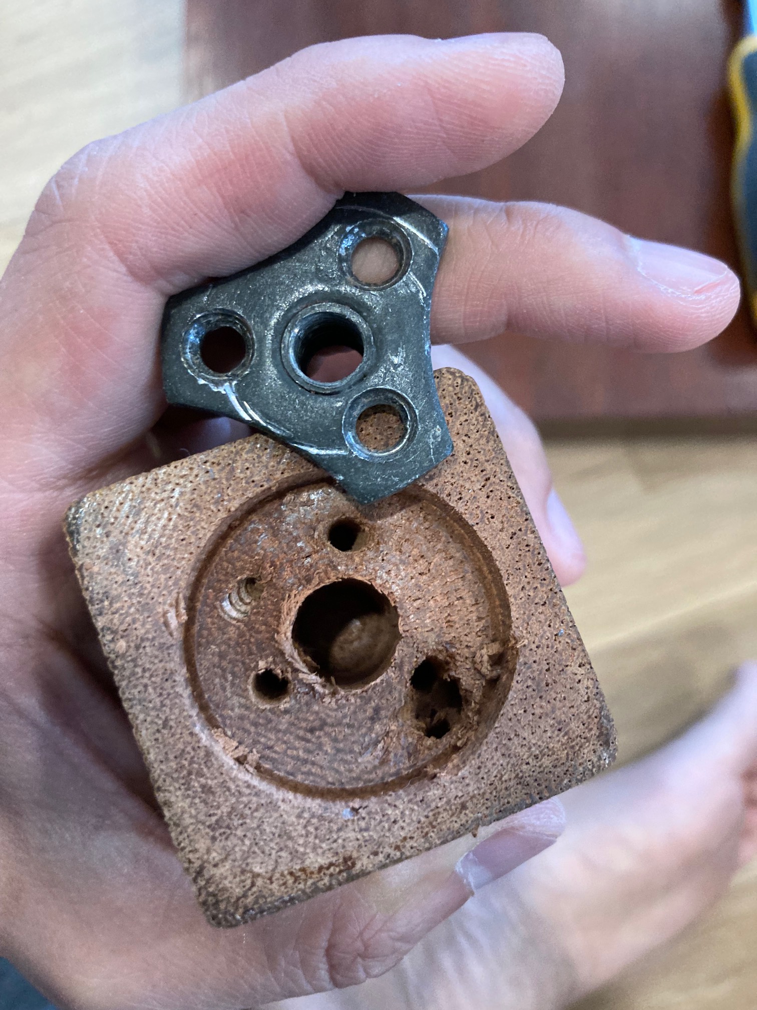 The trick here is to find three spots that aren’t weakened by previous drilling.