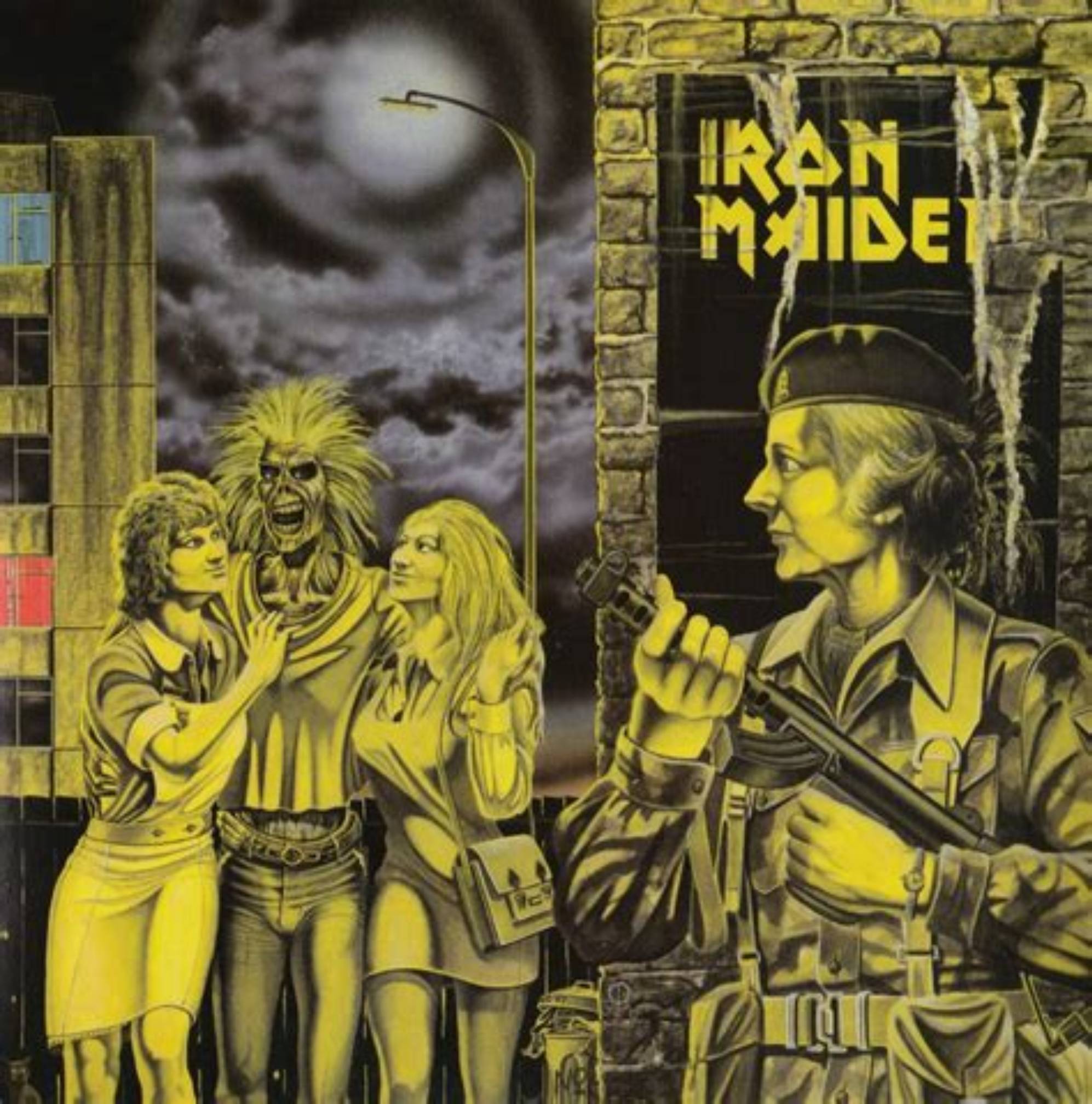 Iron Maiden album cover with Eddie walking with two women while Margaret Thatcher waits to shoot him with a rifle