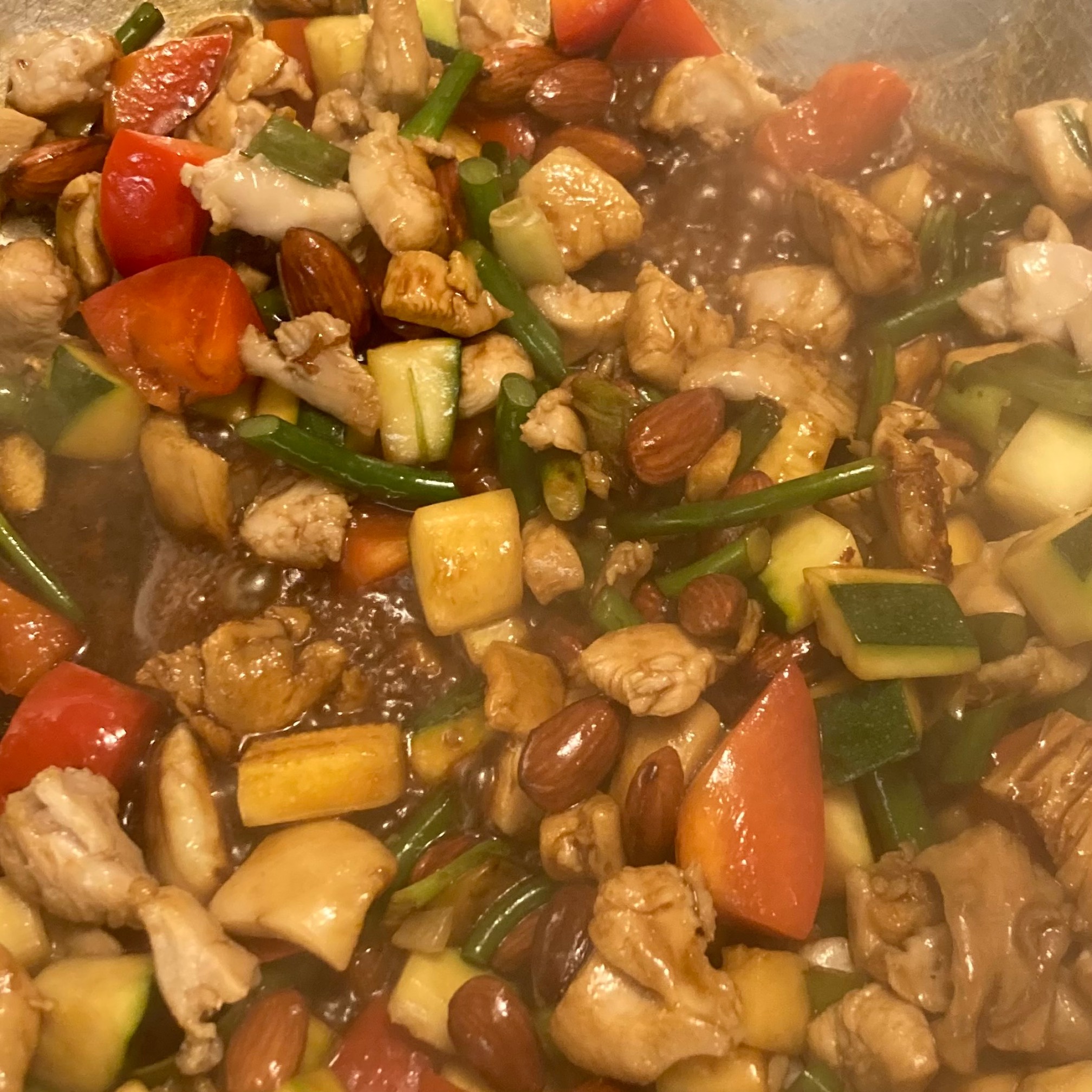 We were out of dark soy sauce the last time I kung pao’d. I forgot: dark soy sauce is quite dark!