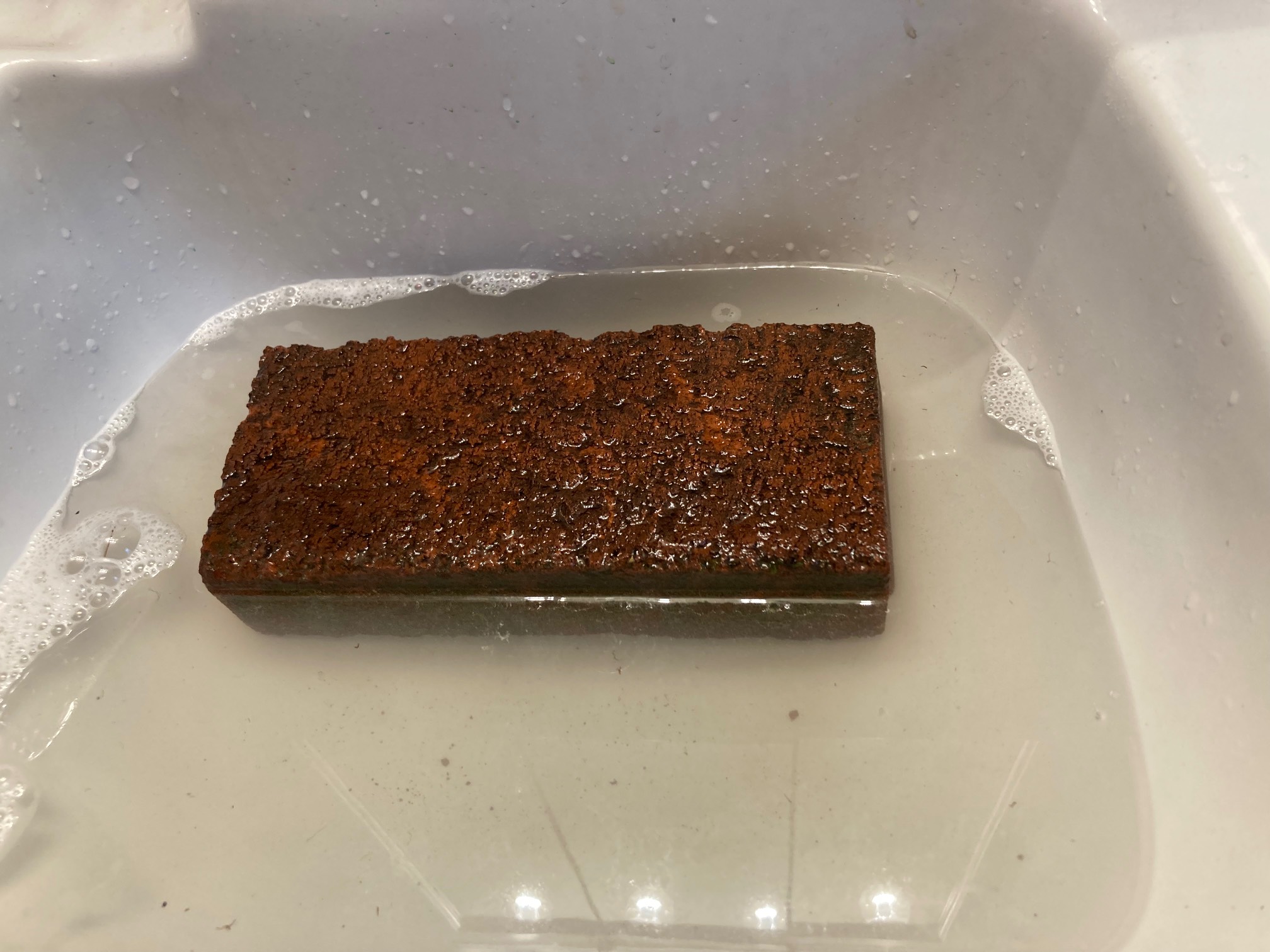 Washing off a brick for chicken under a brick.