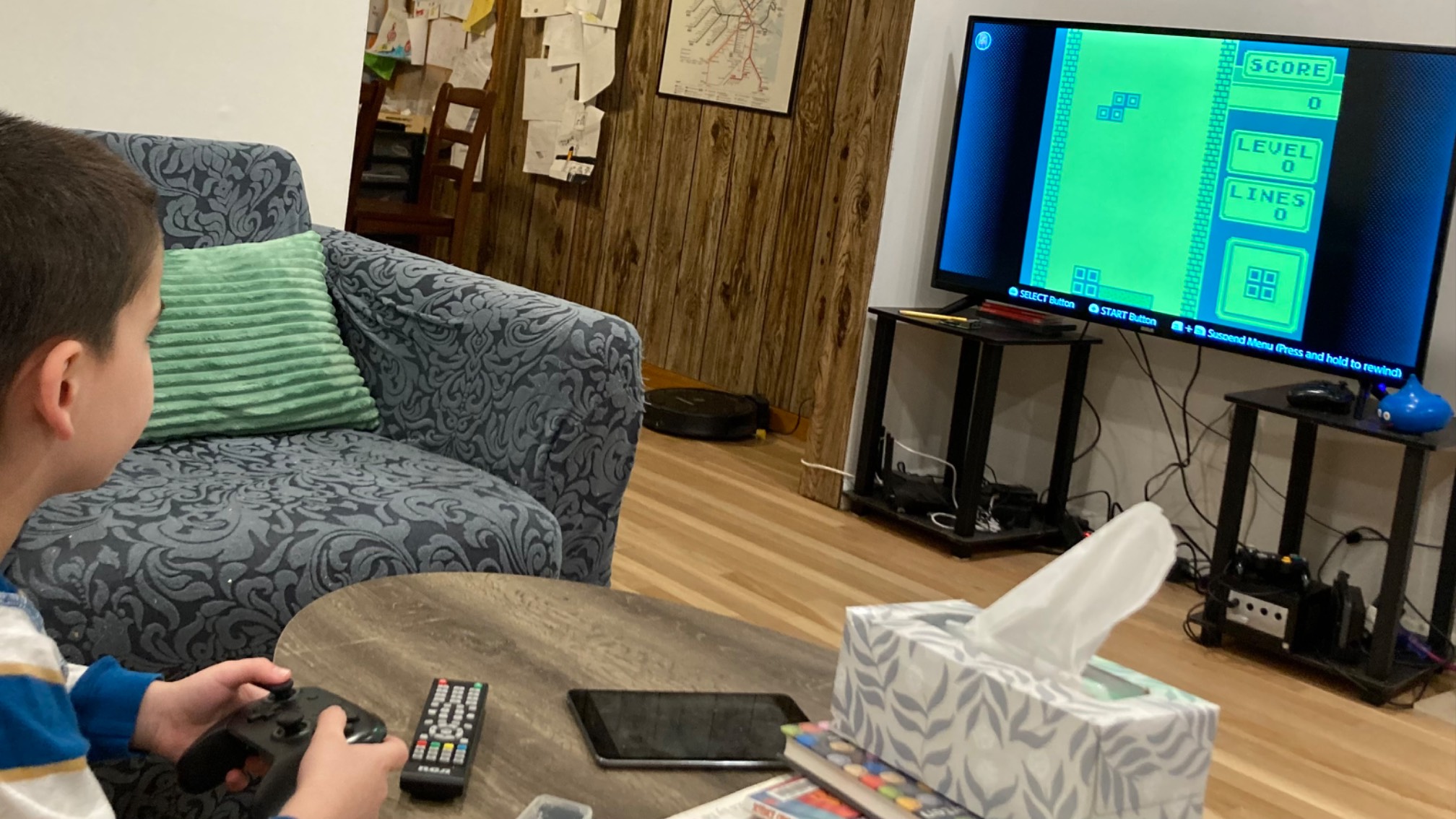 They talked about Tetris in class, so he’s now playing it on an emulated Gameboy.