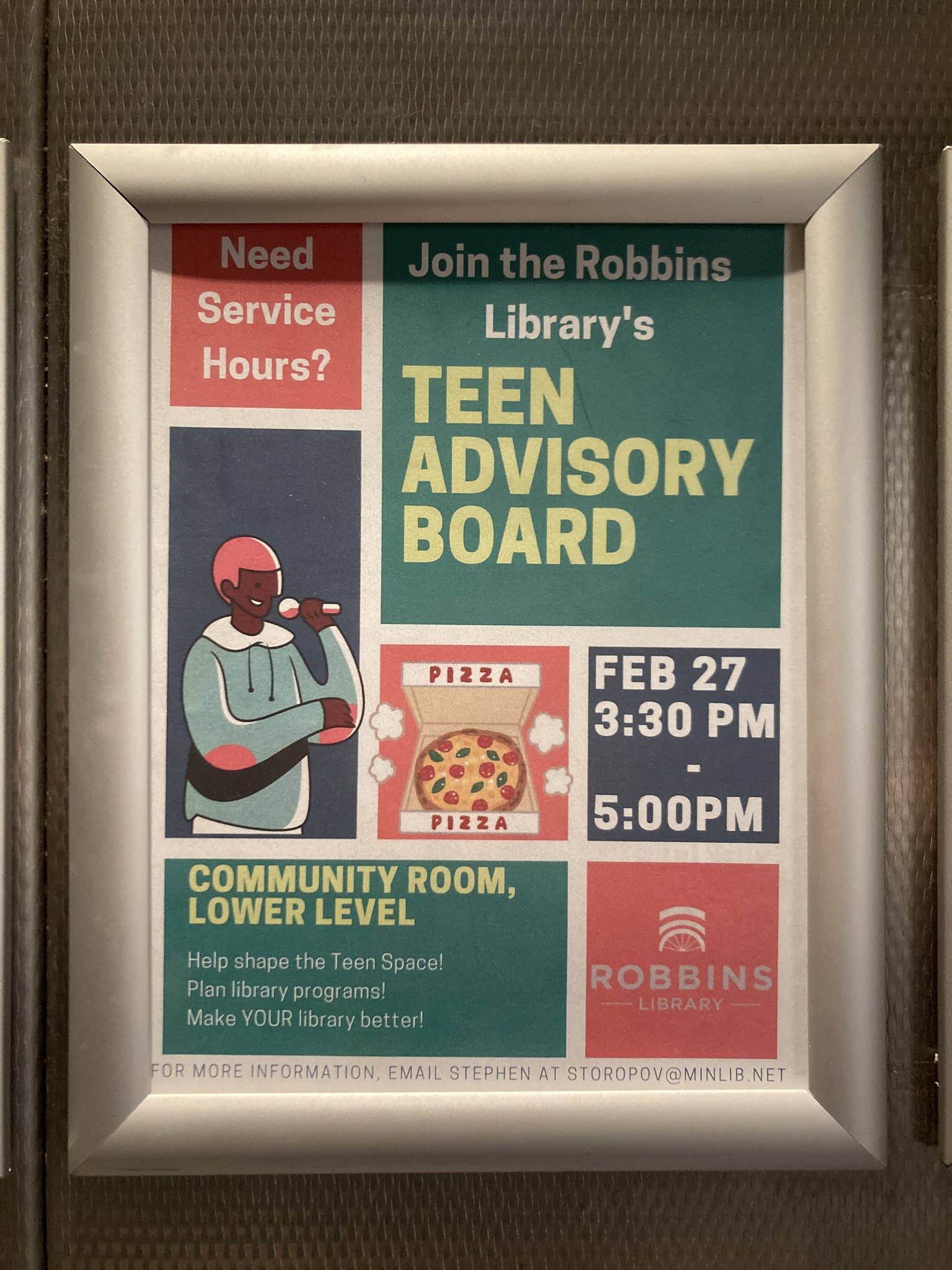Teen advisory board ad with pizza pictured in the center
