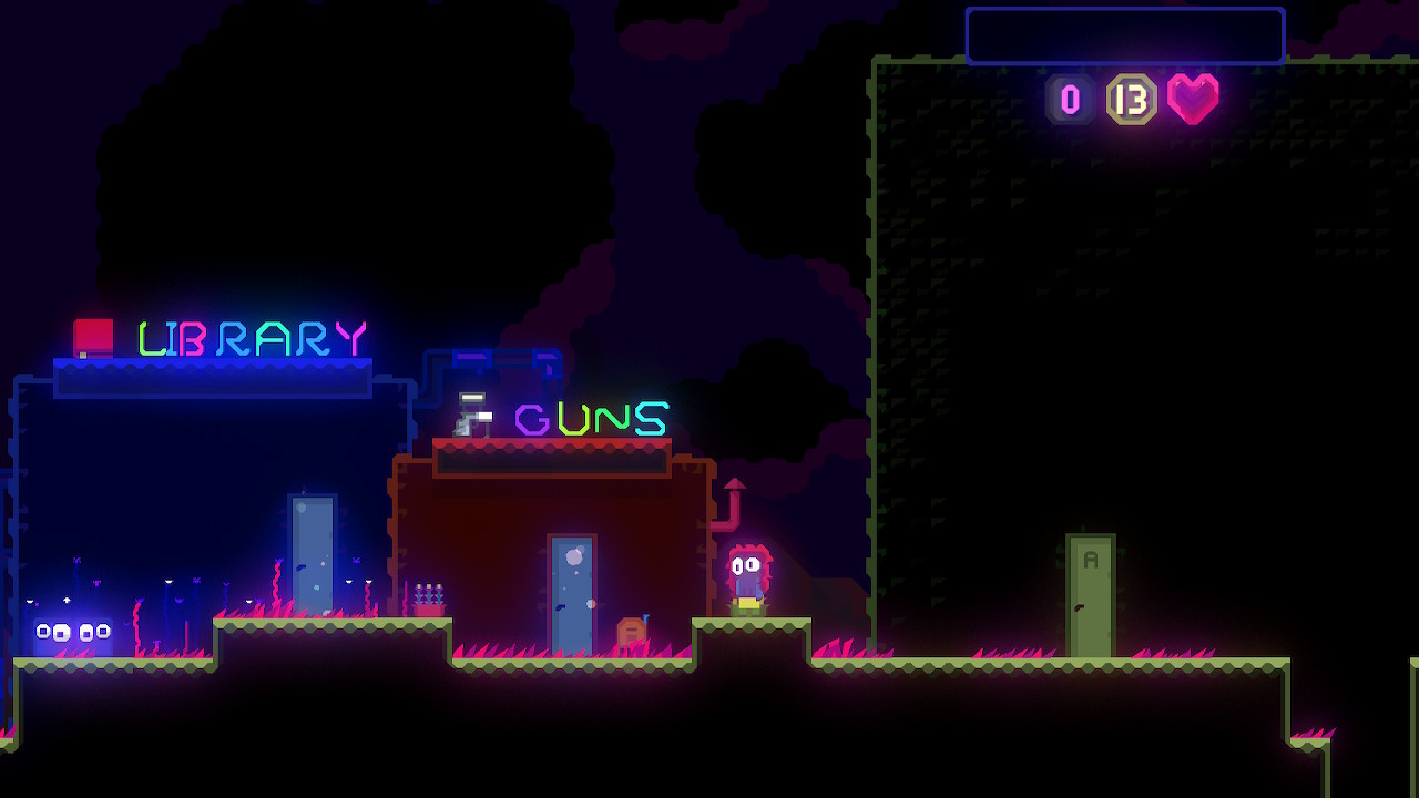 Saturated video game scene with library and guns