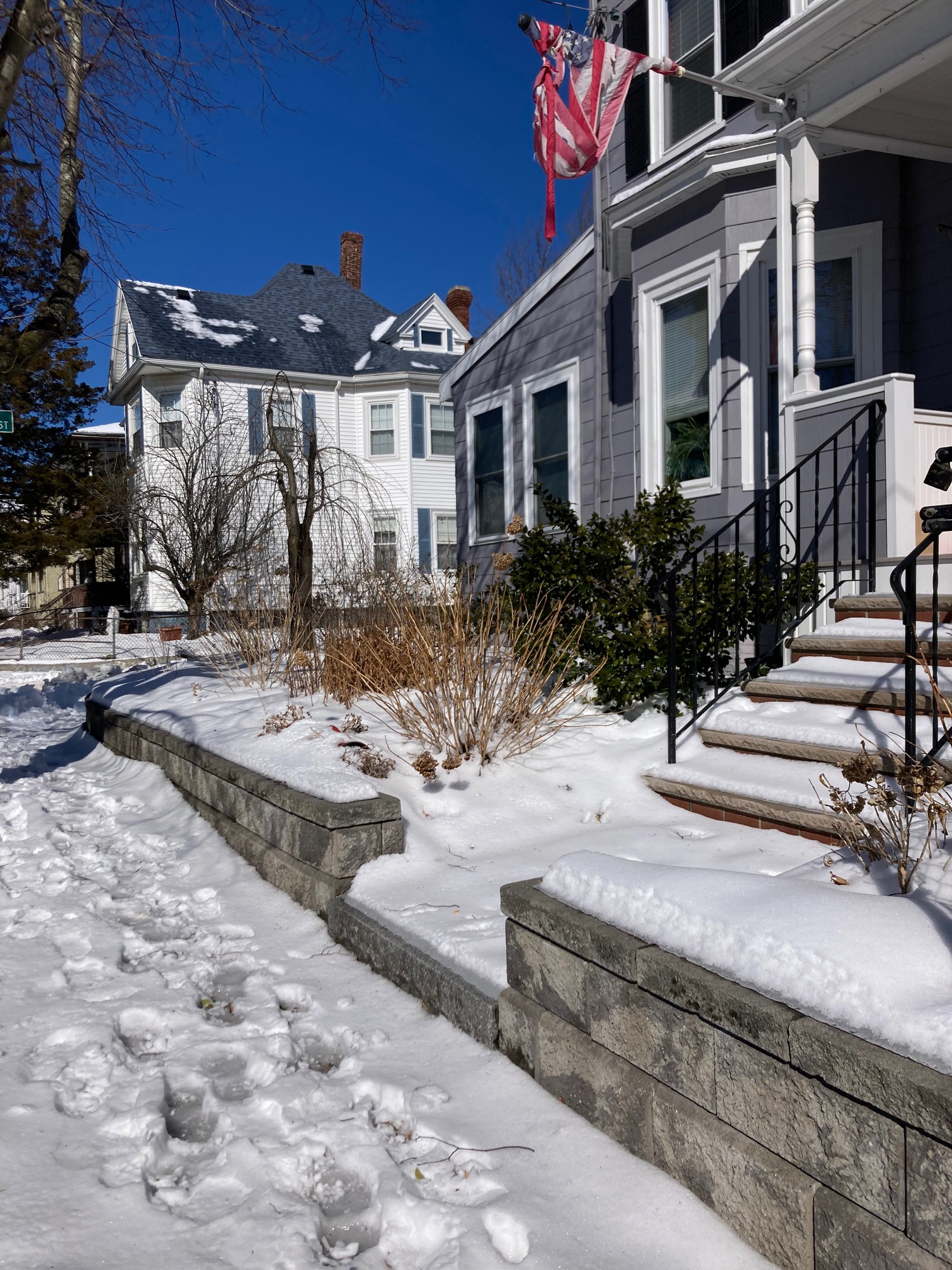 Snow covered sidewalk in front of a house bearing a shredded US flag