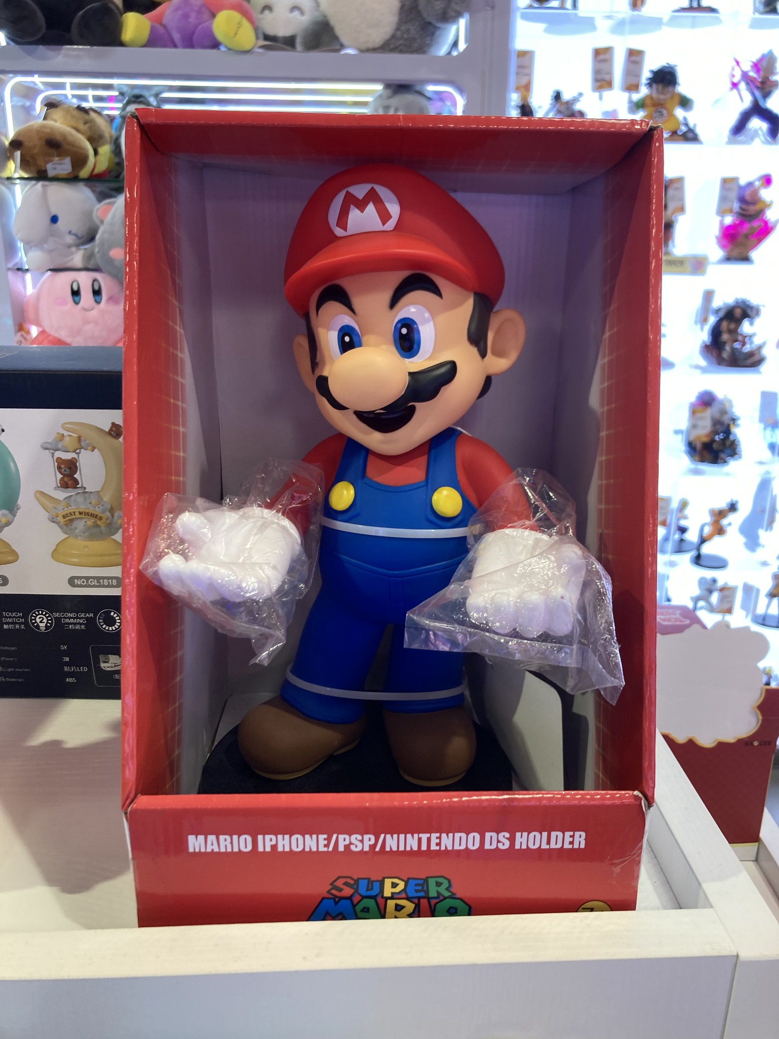 Mario doll with plastic bags on the hands