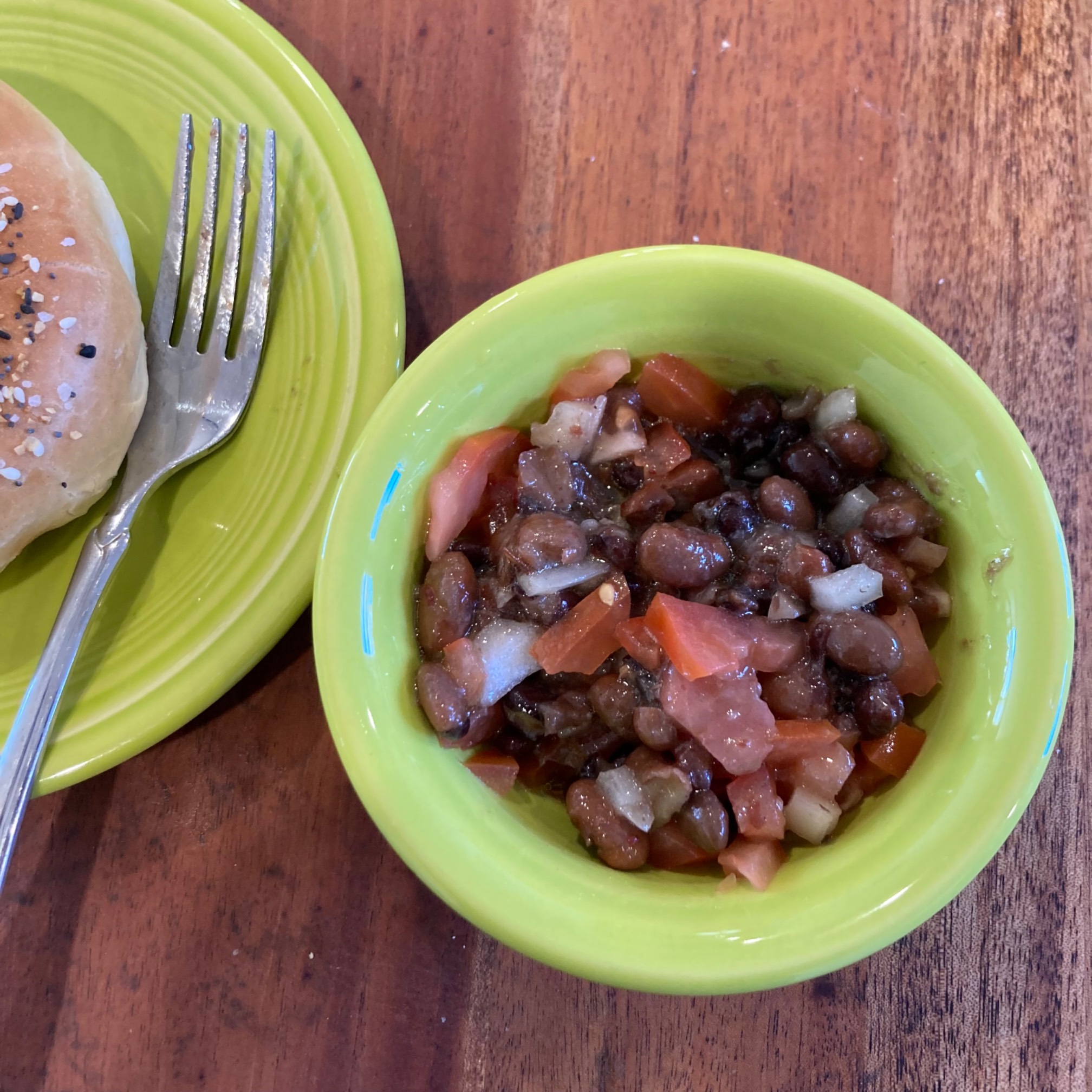 Bean salad and a bagel