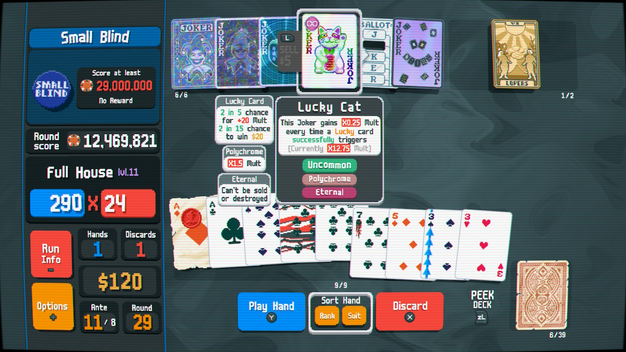 Balatro screen with Astronomer, Constellation, Oops! All 6s, Lucky Cat, and Hanging Chad jokers