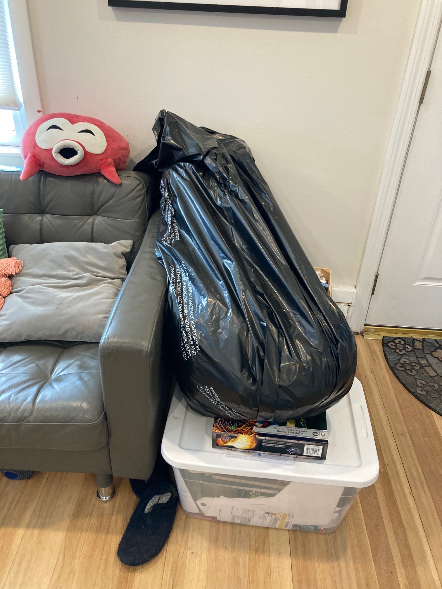 Bedding in a black garbage bag totes looks like a body.