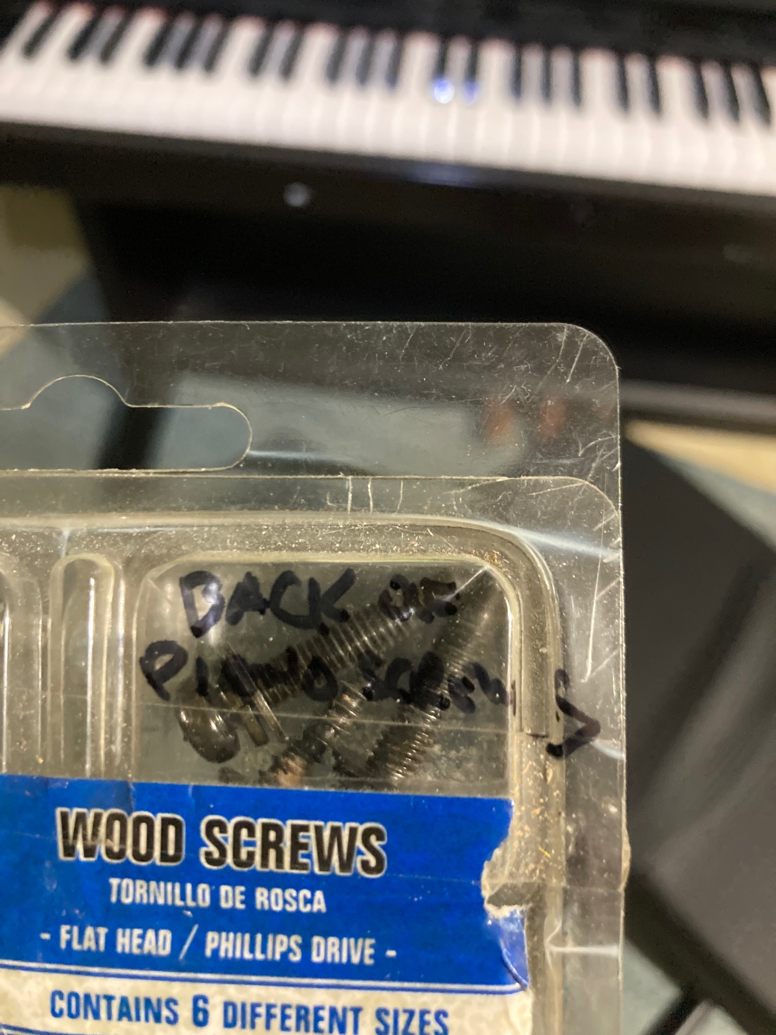 Screws labeled “back of piano screws”