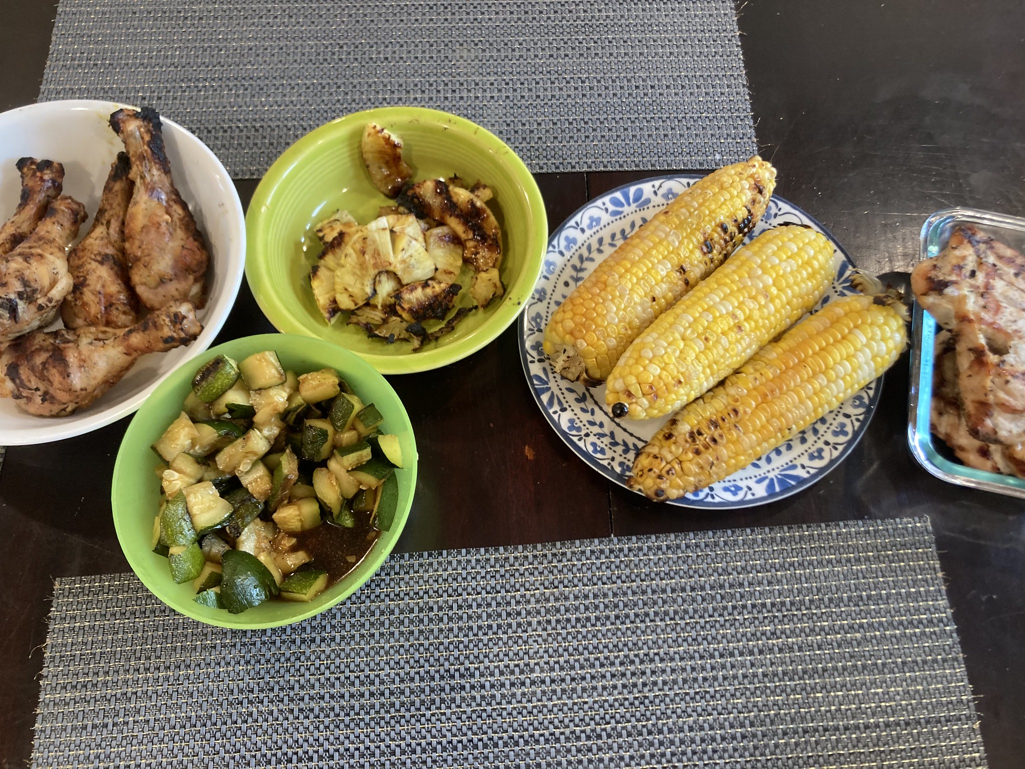 Grilled chicken, corn, zucchini, pineapple