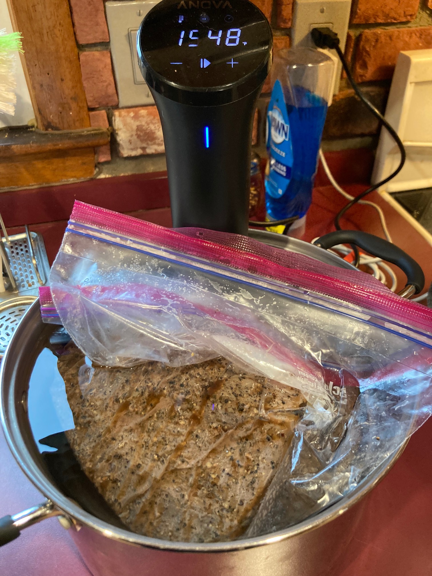 Beef in plastic bag in pot of water with sous vide regulator on side