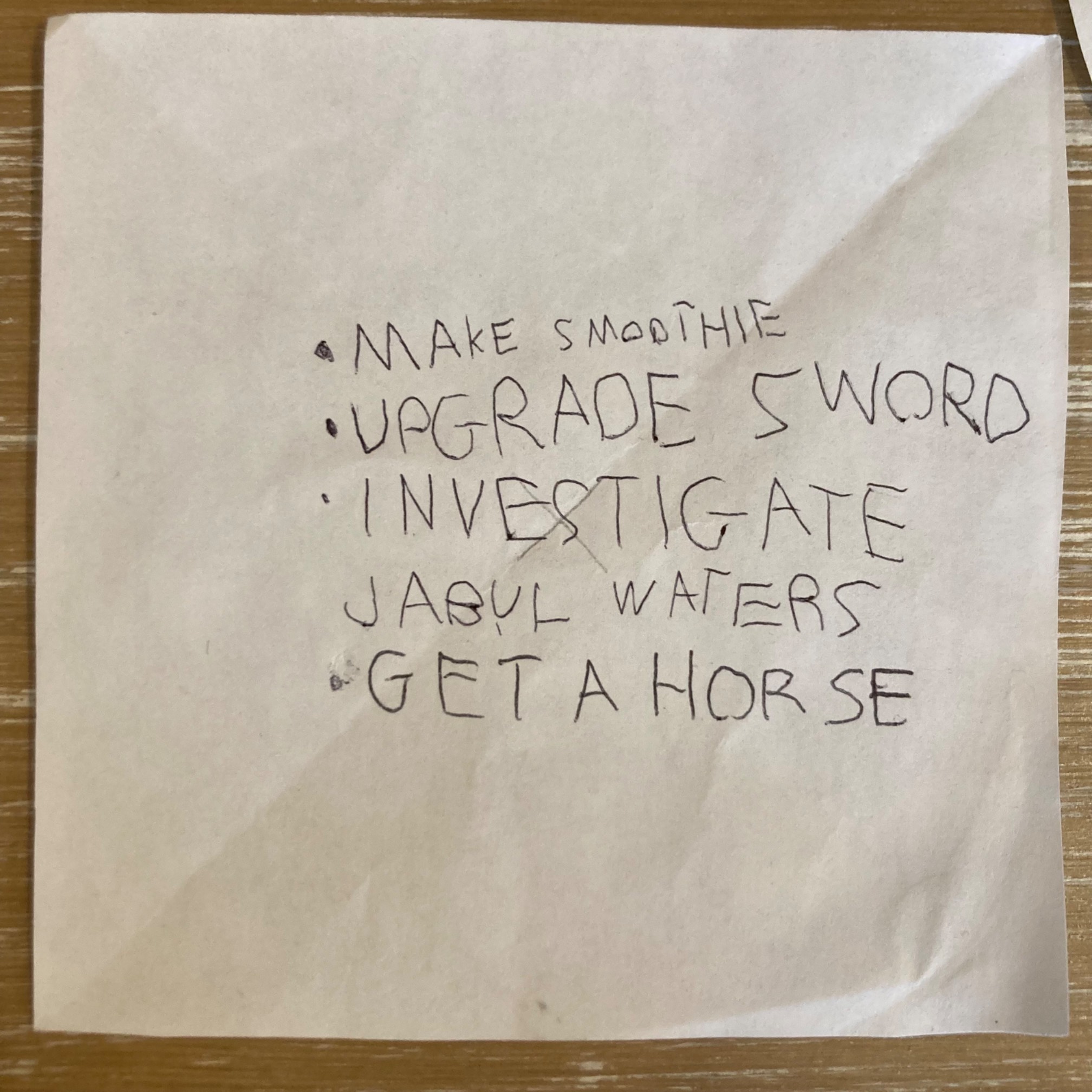 • MAKE SMOOTHIE • UPGRADE SWORD • INVESTIGATE JABUL WATERS •GET A HORSE