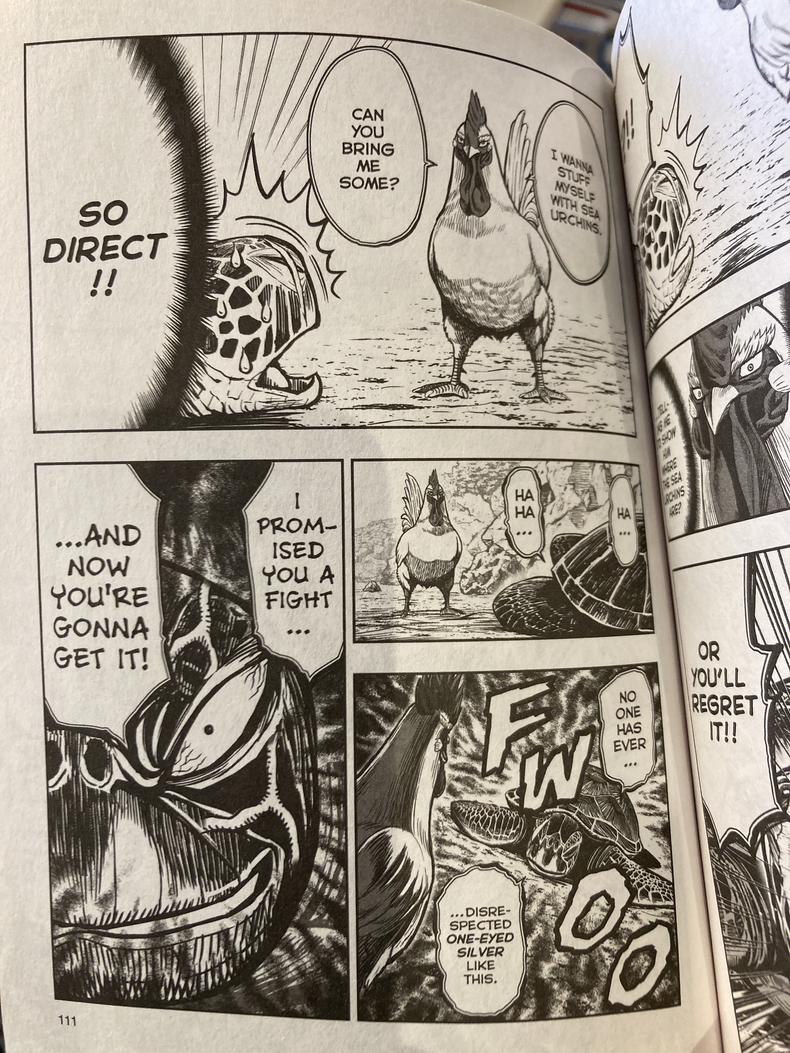 Comic panels in which a turtle gets angry at a chicken