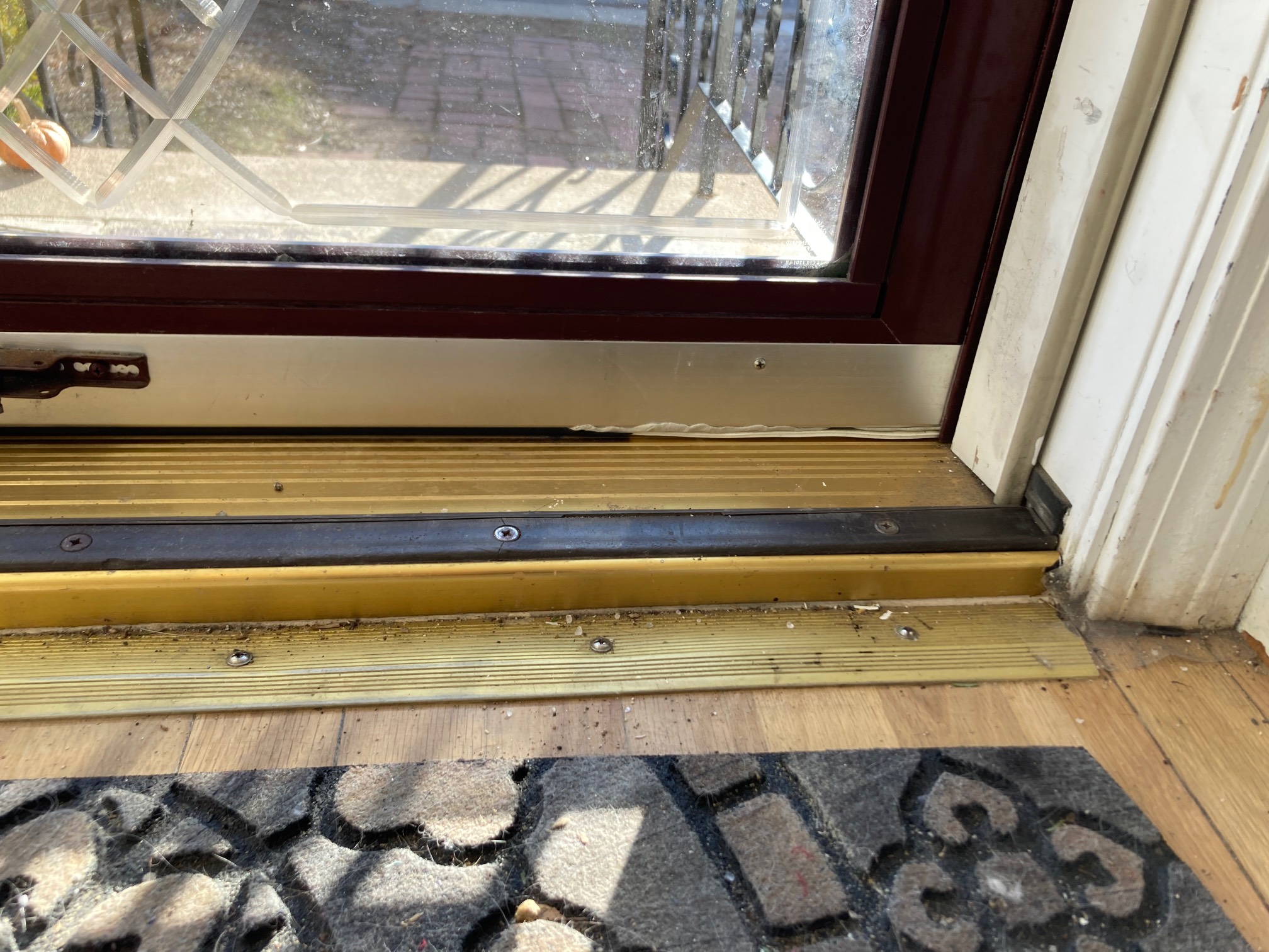 Storm door with gray and white sealing at the bottom